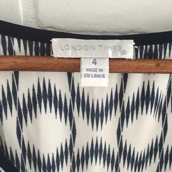 London Times Mini Dress navy Ivory Coastal Native V neck Sz 4 - Picture 2 of 7